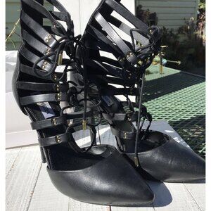 Steve Madden Keyshia Cole DIVA Black Leather Shoes Gladiator Stilettos Sz 9 40